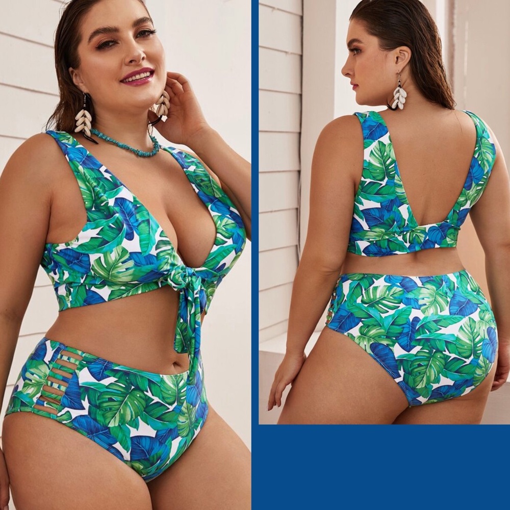 Blue & Green Leaf Tropical Print Tie-Front Bikini